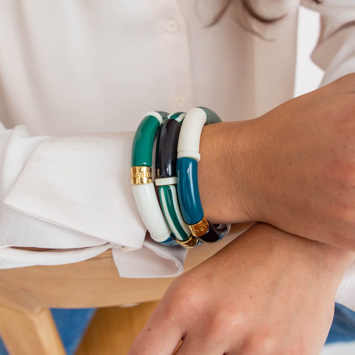 Bracelet perles tubes bleu canard et vert | Pipoca Selva Parabaya