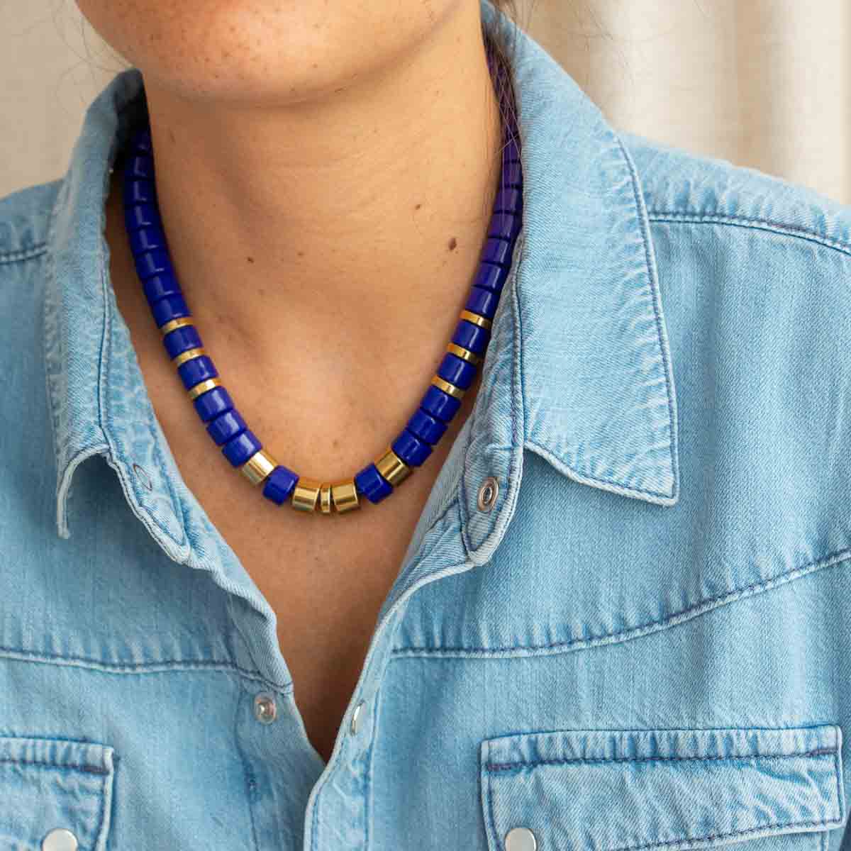 Collier bleu cobalt et doré femme | Praia Parabaya Parabaya