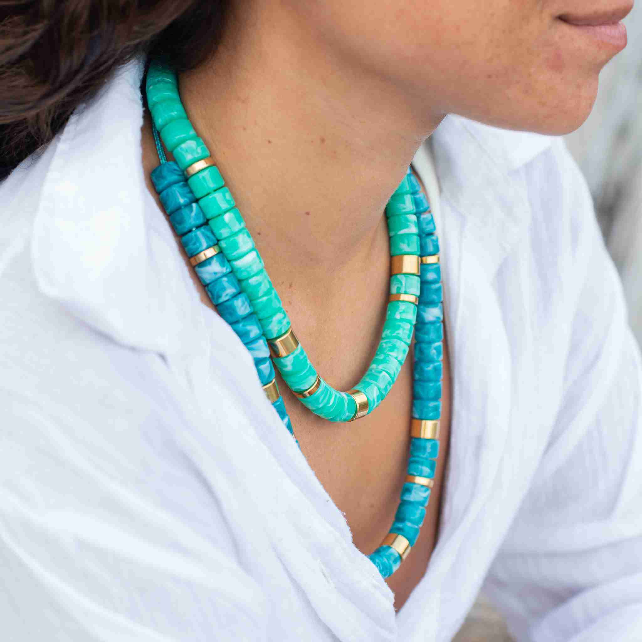 Collier perles bleu lagon femme réglable | Praia Lagon Parabaya Parabaya