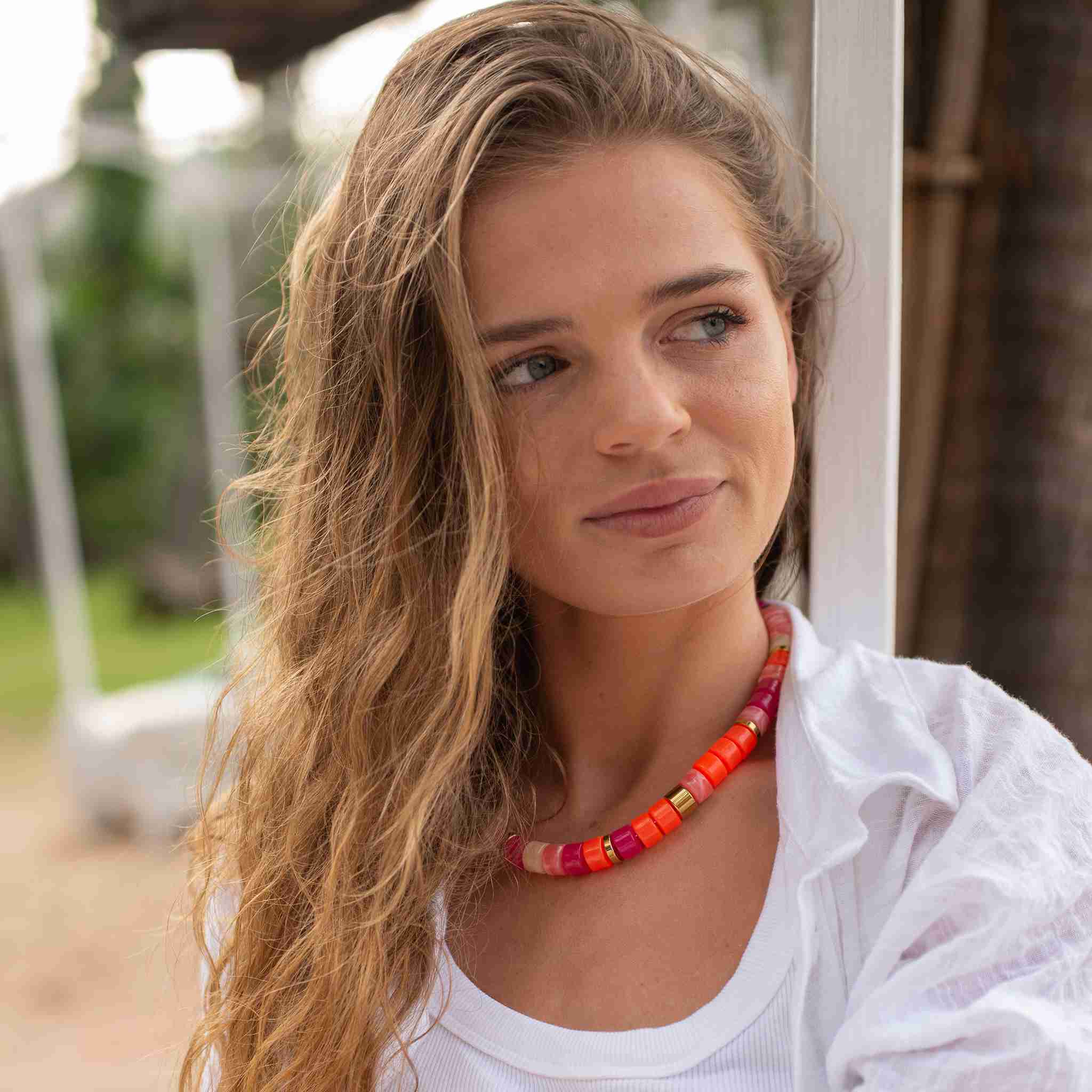 Collier perles orange rose magenta femme | Praia Laranja Mix Parabaya Parabaya