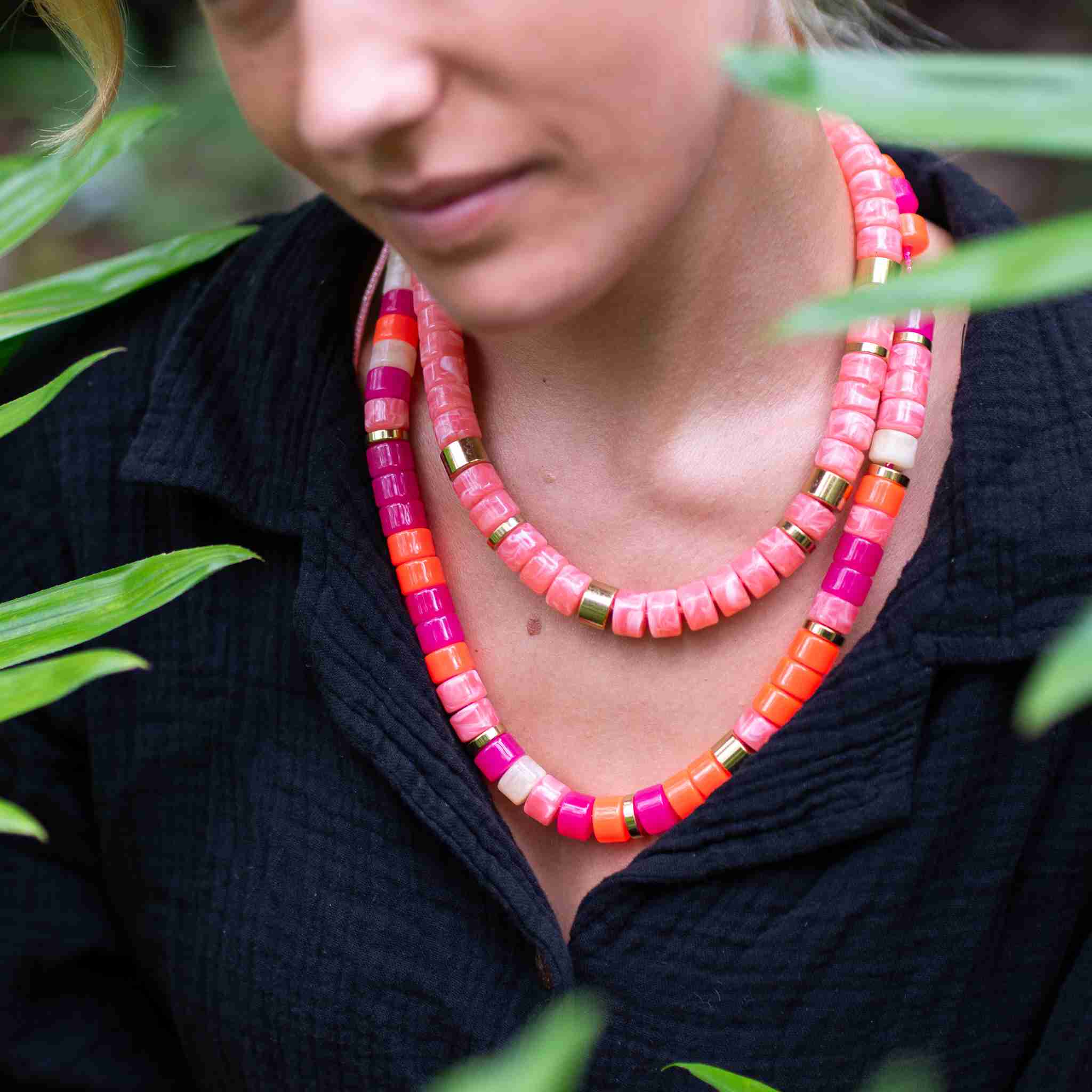 Collier perles orange rose magenta femme | Praia Laranja Mix Parabaya Parabaya