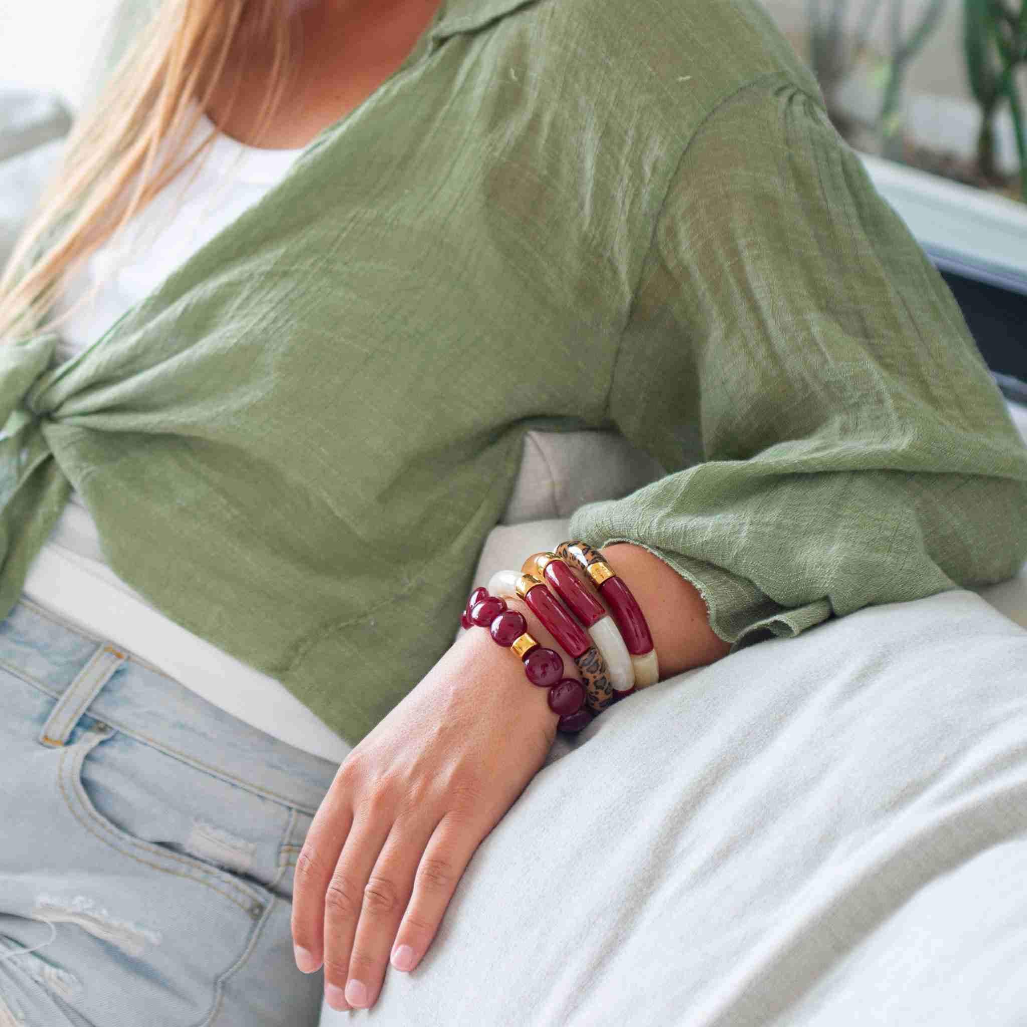 Bracelet léopard femme perles bordeaux crème | Pampa Pipoca Parabaya Parabaya