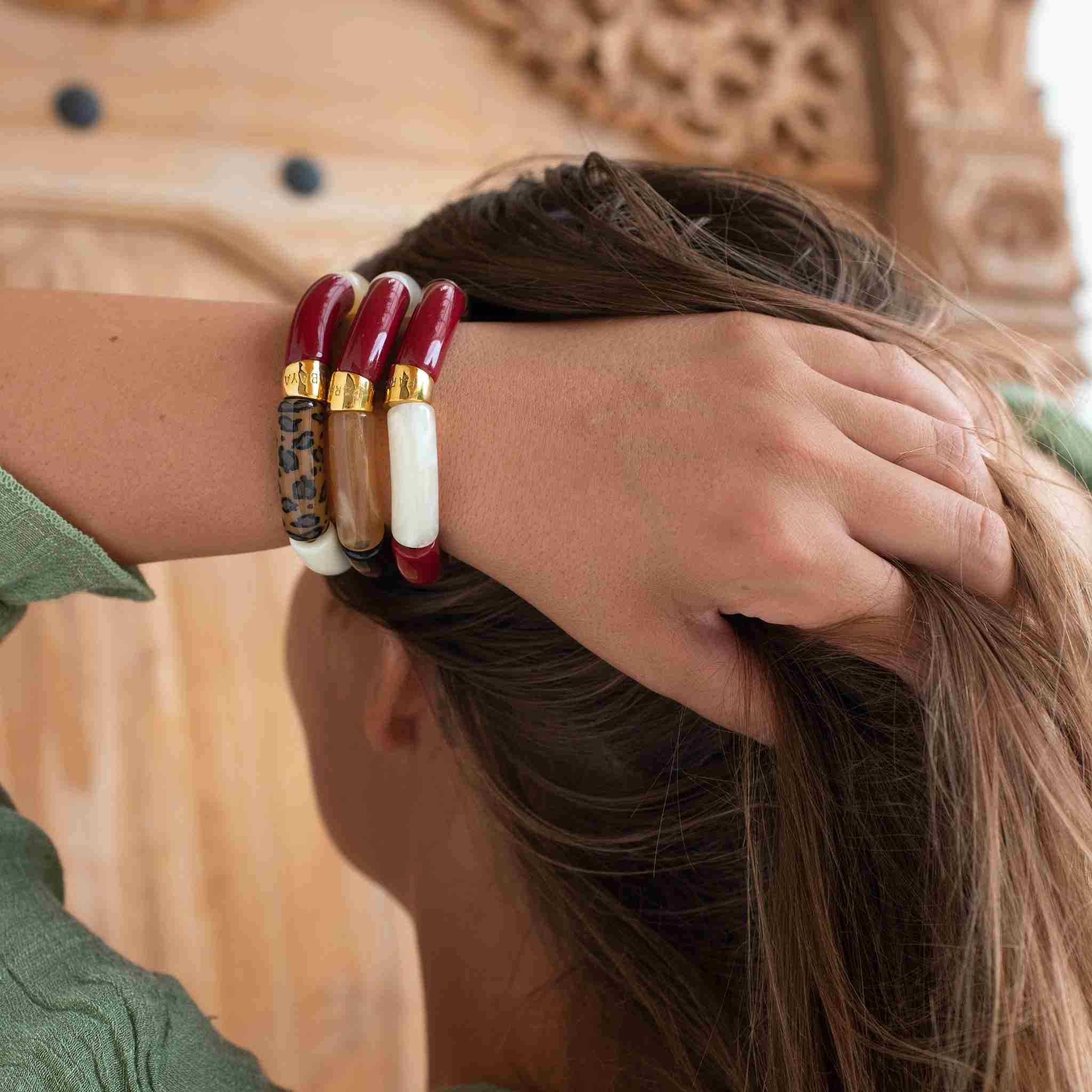 Bracelet léopard femme perles bordeaux crème | Pampa Pipoca Parabaya Parabaya