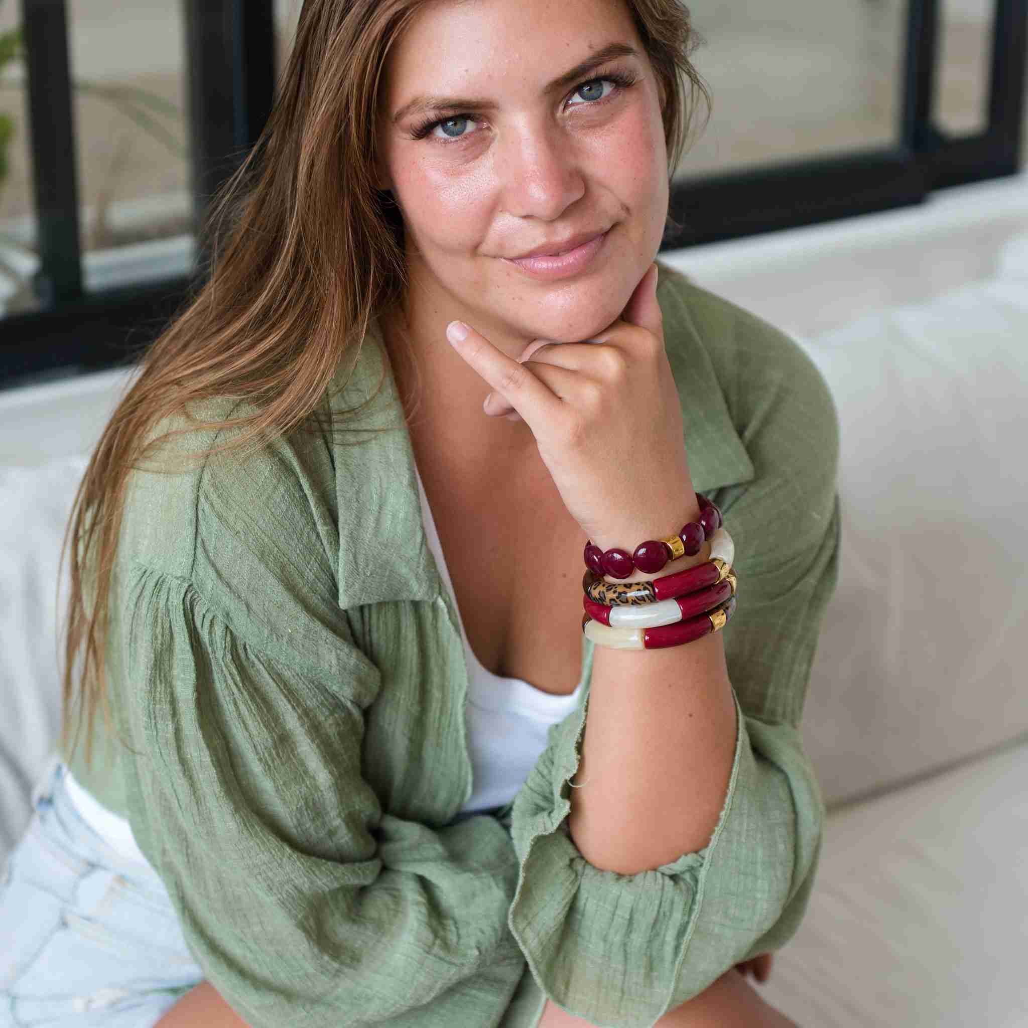 Bracelet léopard femme perles bordeaux crème | Pampa Pipoca Parabaya Parabaya