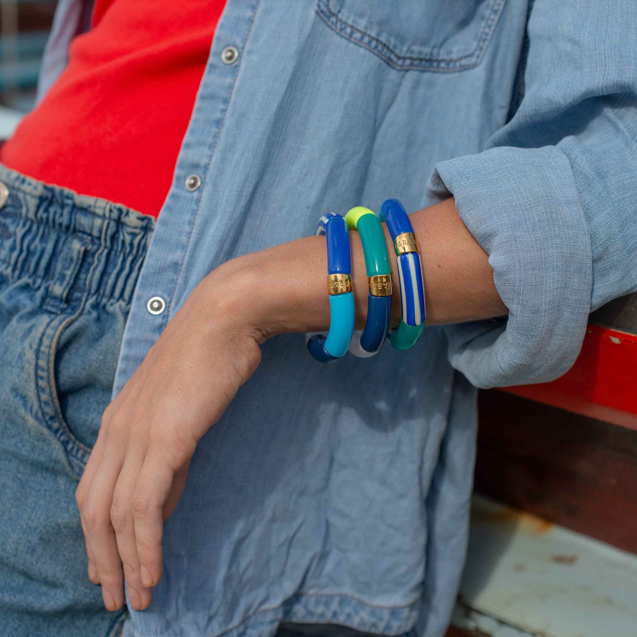 Bracelet perles colorées bleu jaune femme rayé | Pipoca Vela Parabaya Parabaya