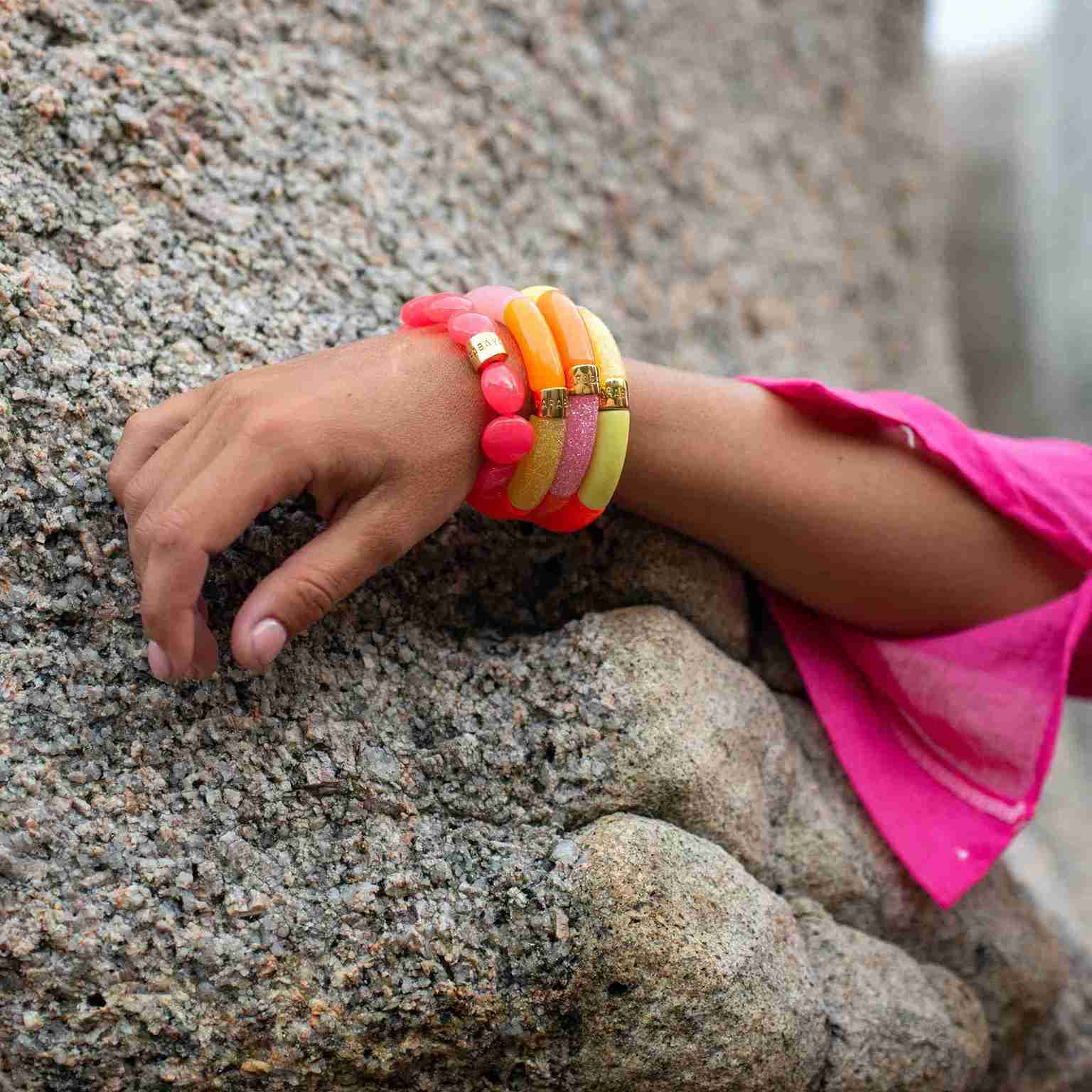 Bracelet perles colorées femme jaune rose pailleté | Olala Pipoca Parabaya Parabaya