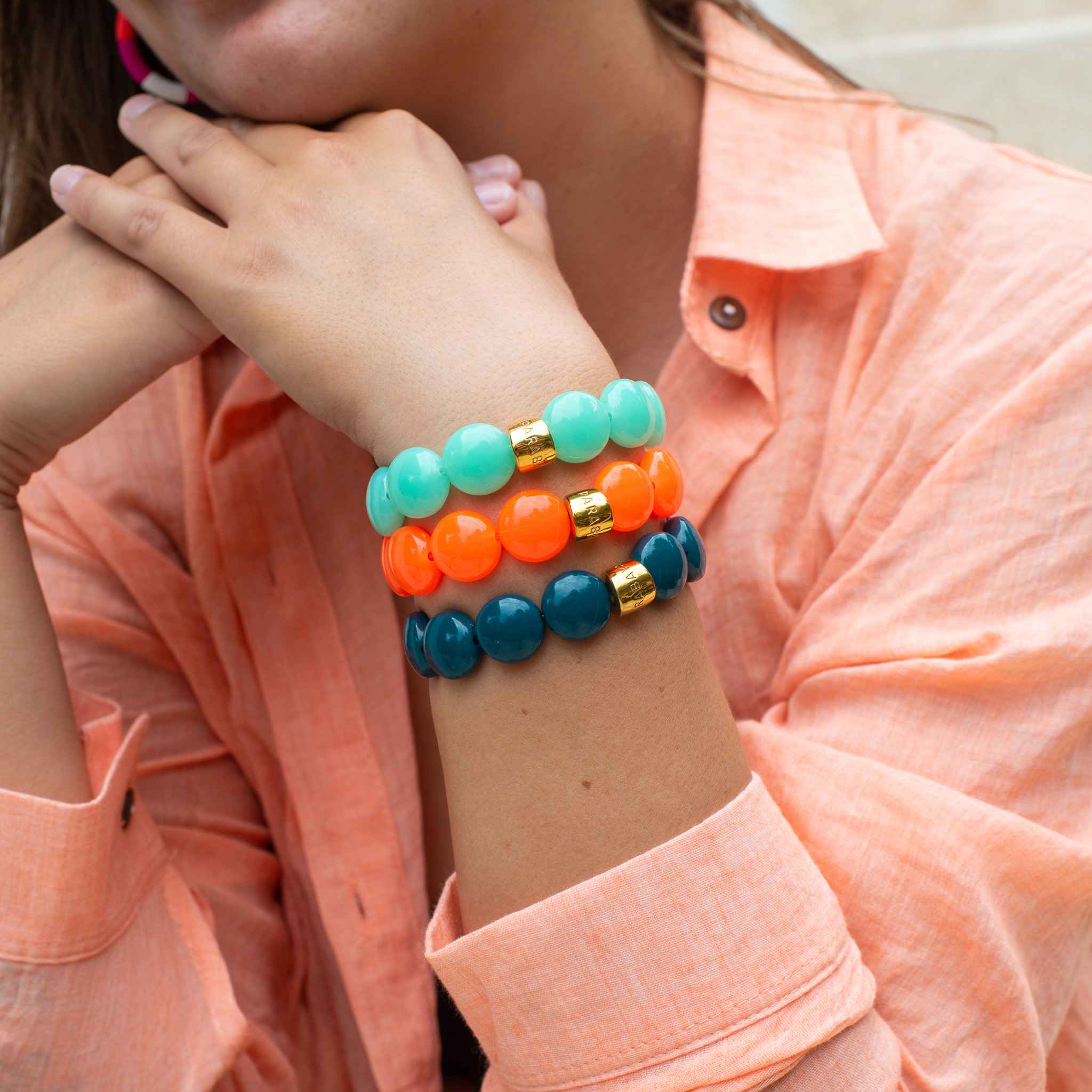 Bracelet perles rondes colorées orange bleu lagon femme | Bombom Energia Parabaya Parabaya