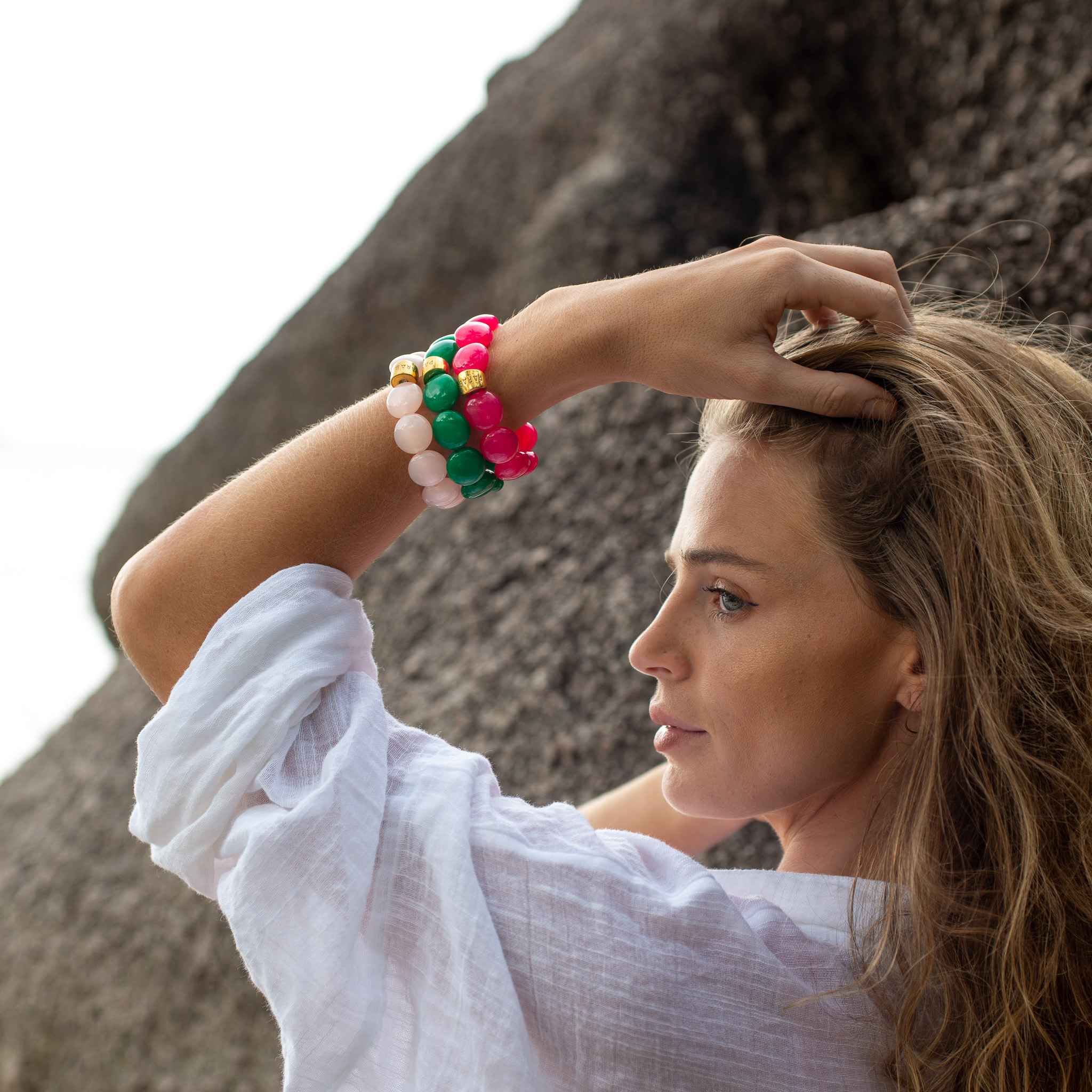 Bracelet perles rondes colorées rose fuchsia menthe | Bombom Manda Parabaya Parabaya