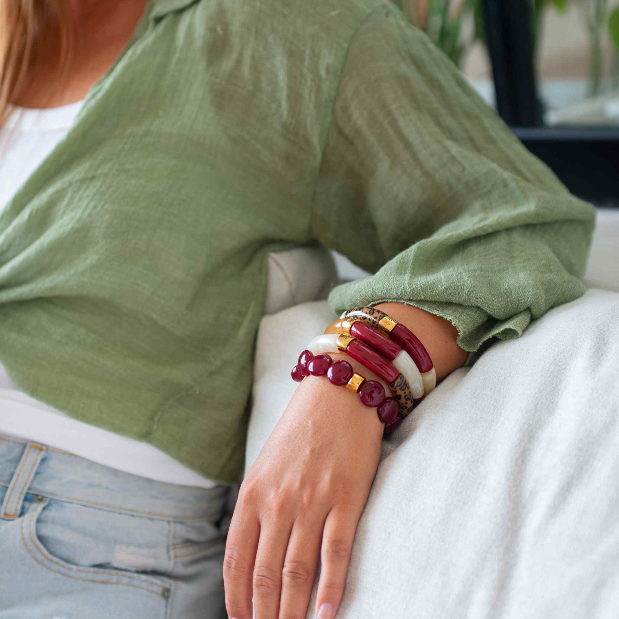 Bracelet perles rondes léopard bordeaux crème | Pampa Bombom Parabaya Parabaya