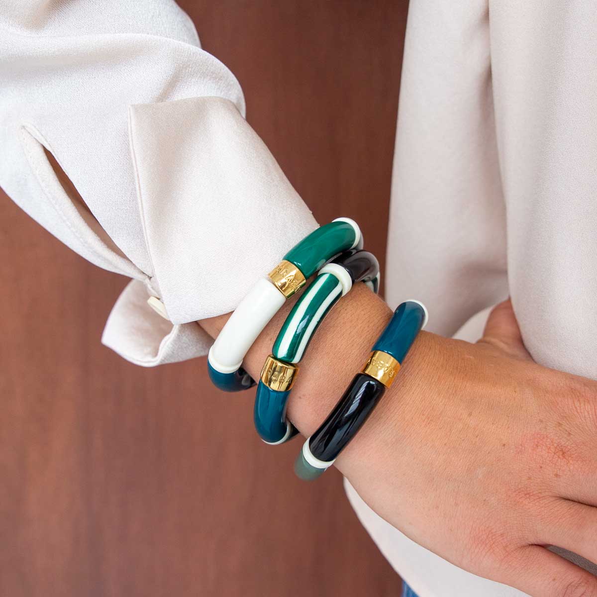 Bracelet perles tubes bleu canard et vert | Pipoca Selva Parabaya