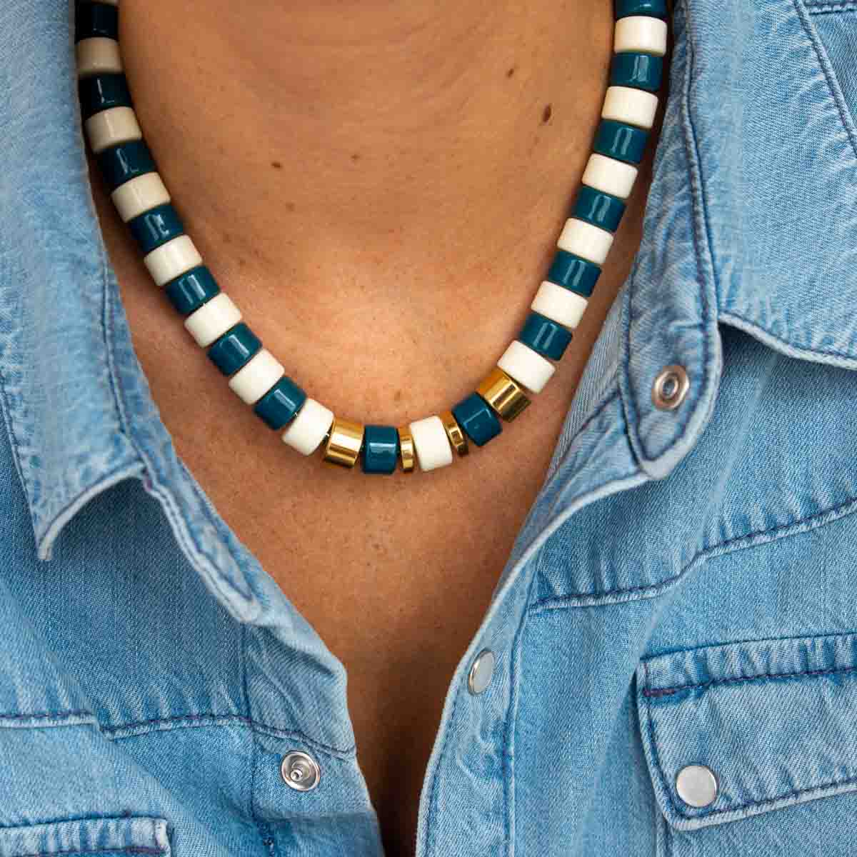 Collier ivoire bleu canard femme | Praia Selva Parabaya