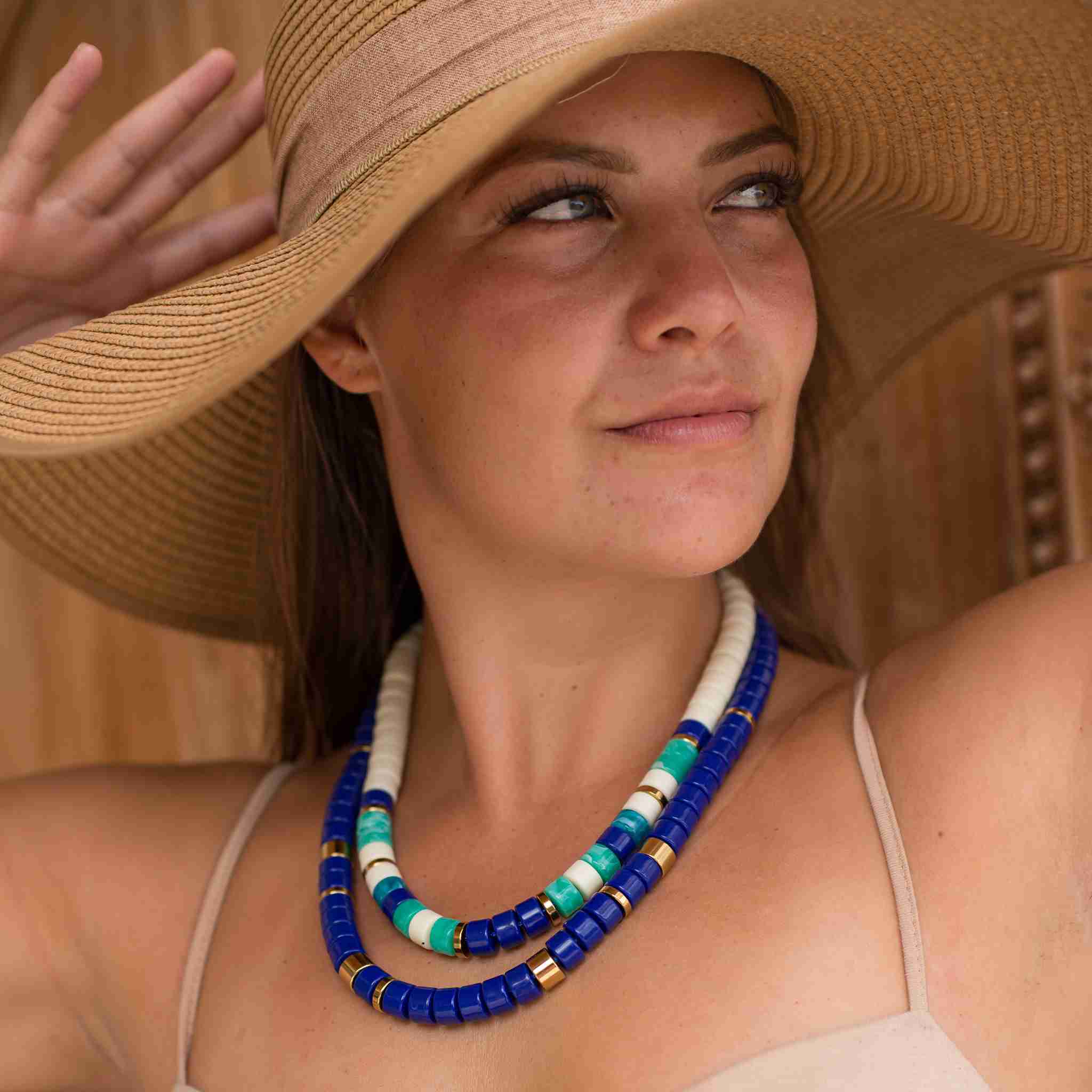 Collier perles ivoire et bleu femme réglable | Praia Ivoire Azul Parabaya Parabaya