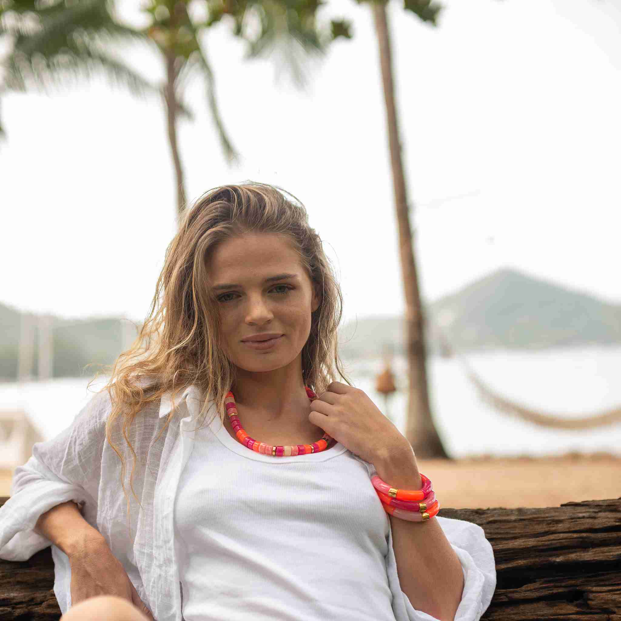 Collier perles orange rose magenta femme | Praia Laranja Mix Parabaya Parabaya